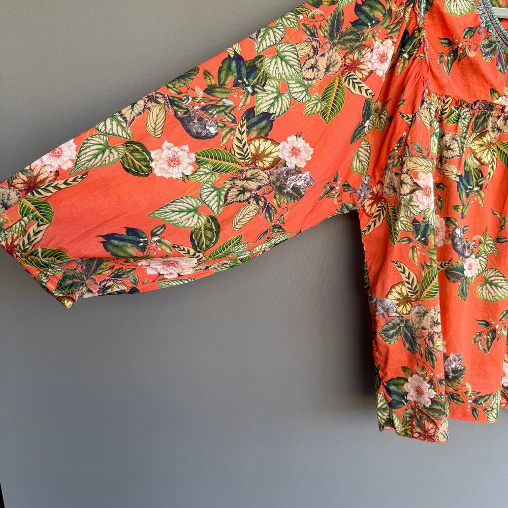 NWT Johnny Was Boho Tassel blouse - Beachy 100% cotton orange Tropical MSRP $205 - Picture 2 of 8